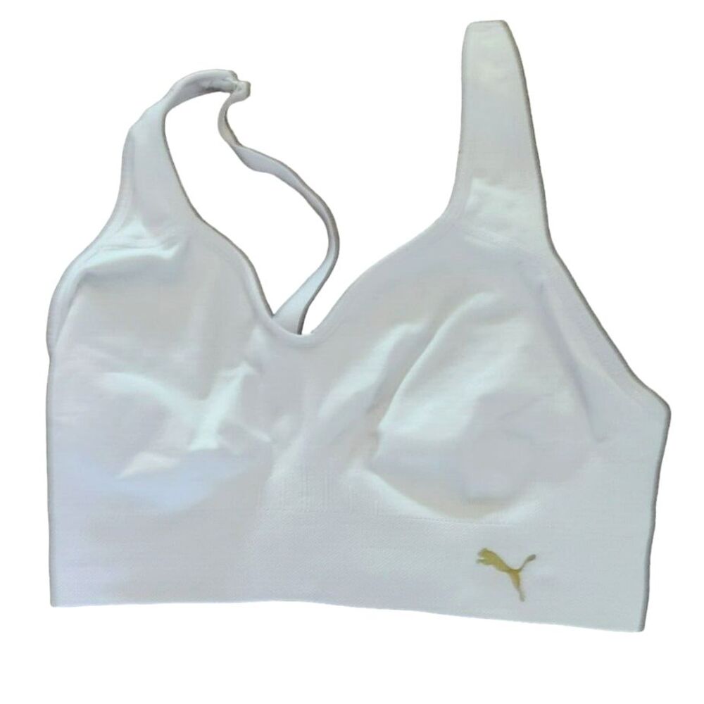 Puma Womens Seamless Sports Bra White Gold Logo Adjustable Straps Size Medium